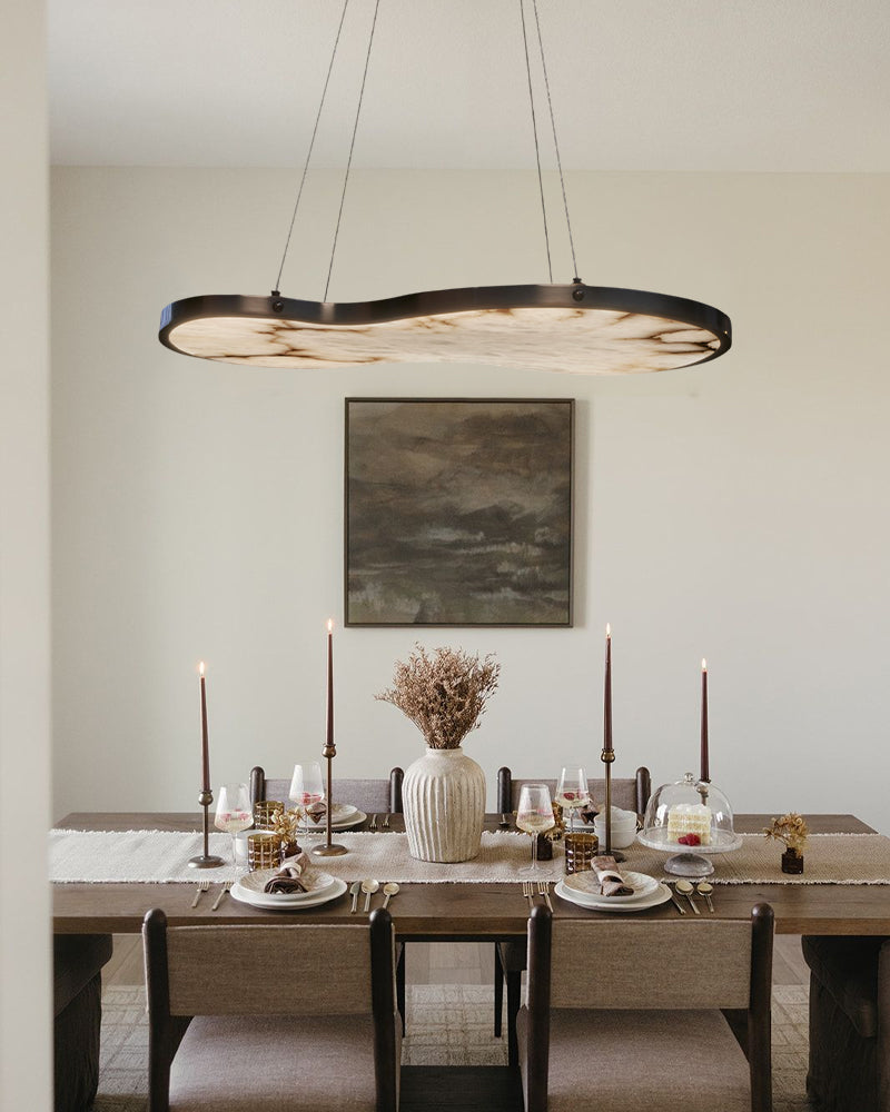 Alabaster Fabula Organic Cloud Panel Geometric Pendant Light Chandelier - Natural Spanish Alabaster Panel, Serene Black Trim - Kitchen Islands & Dining Rooms