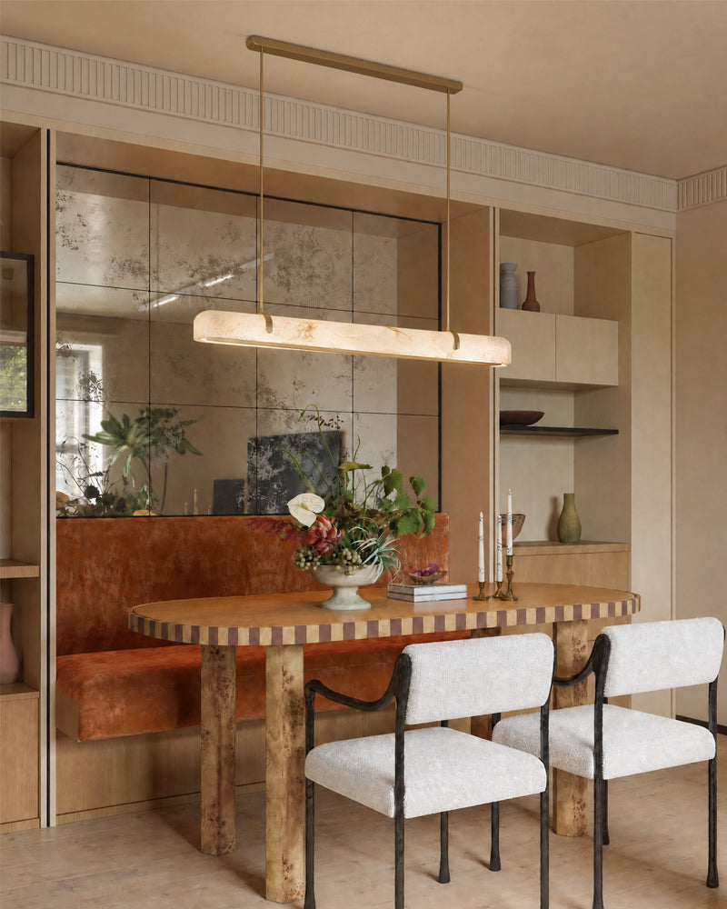Alabaster Linear Capsule Chandelier - Natural Spanish Alabaster, Lux Gold Trim - Kitchen Islands & Dining Rooms