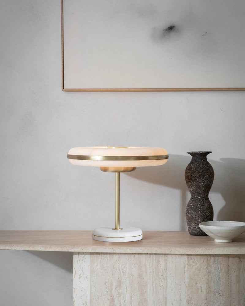 Alabaster Round Table Light - White Stone - Colorful Base - LED - Small