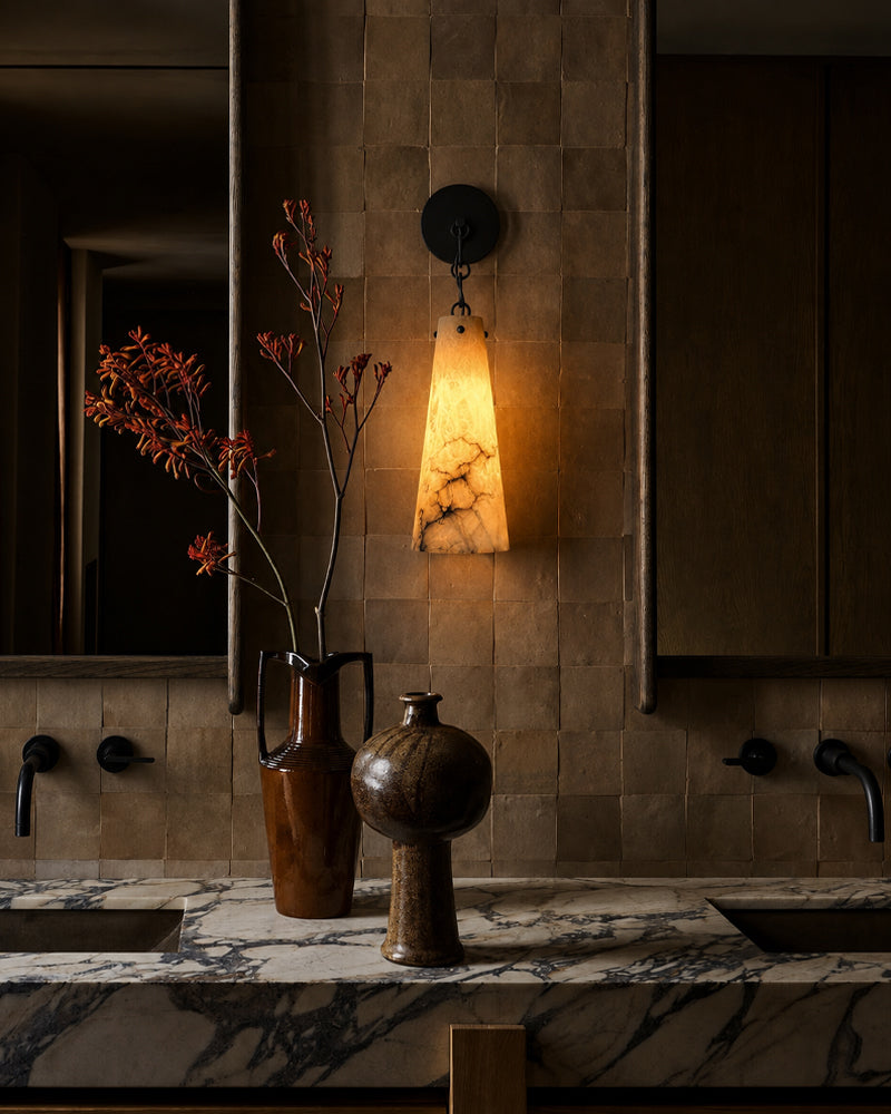 Alabaster Slender Conical Arm Wall Light Sconce - Natural Spanish Alabaster Cone, Lux Gold Wall Mount - Bedrooms, Hallways & Bathrooms
