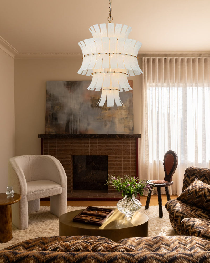 Ghiaccio Glass Ethereal White Multi Tiered Waterfall Chandelier - Heritage Brass Trim - Living Room & Dining Room