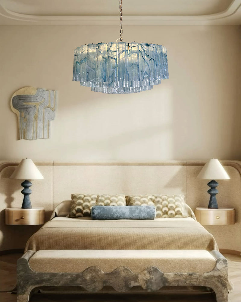 Cortina Azure Blue Murano Glass Chandelier - Elevated Blue, Custom Trim - Luxury Home Interior Lighting