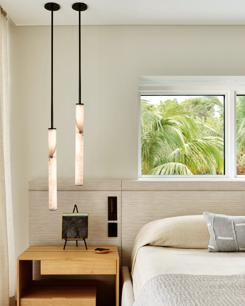 Modern Minimalist Cylinder LED Pendant Lamp Brass/Black Adjustable Pole| Natural Marble