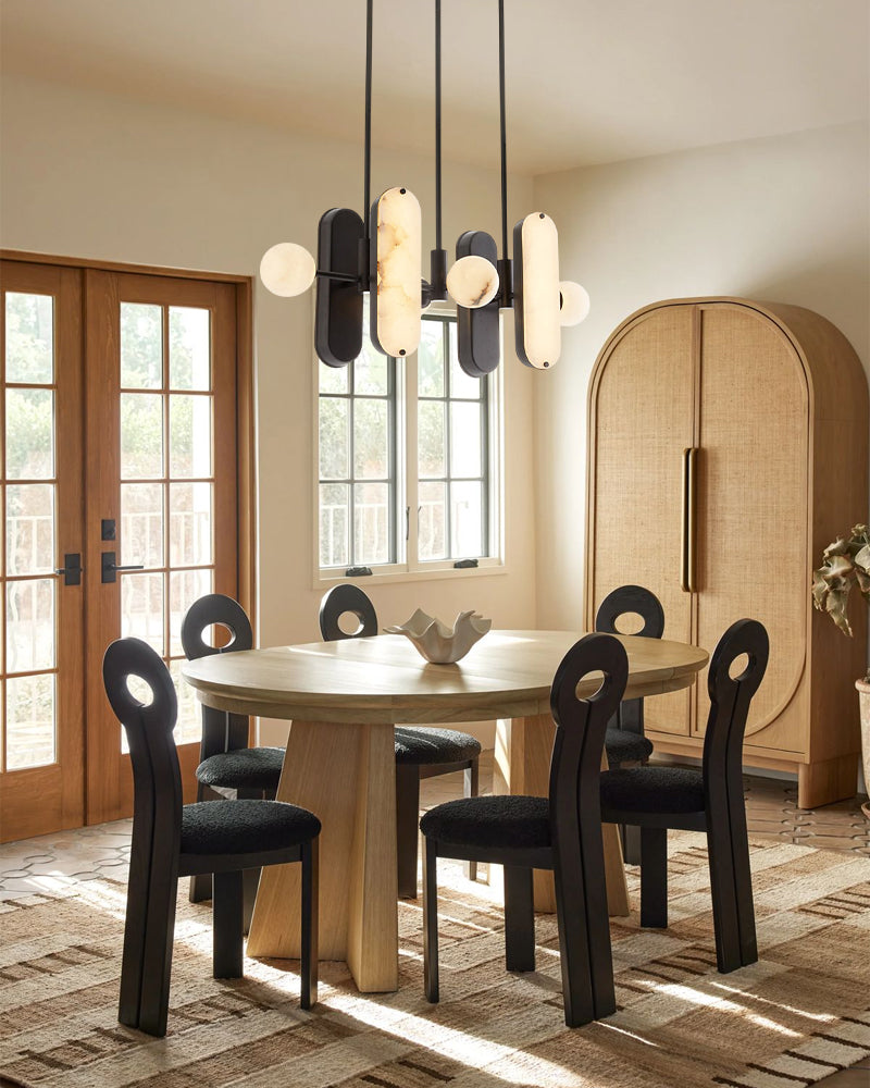 8-Light LED Linear Pendant Lighting in White Alabaster with Bronze & Brass Hardwared