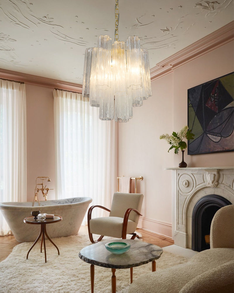 Classic Murano Transparent Glass Tube Chandelier Brushed Gold & Chrome Frame
