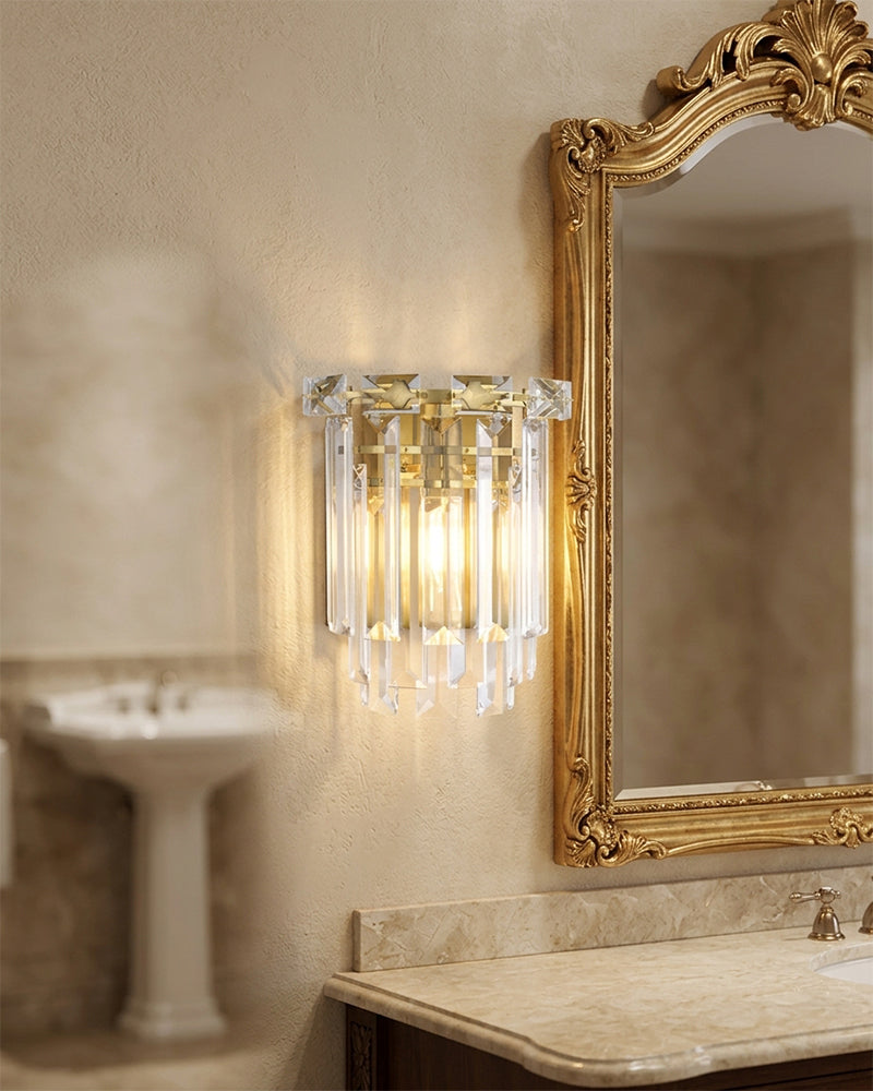 Gstaad Layered Tiered K9 Crystal Wall Light - K9 Crystal, Custom Gold or Serene Black Trim - Bathrooms, Bedrooms