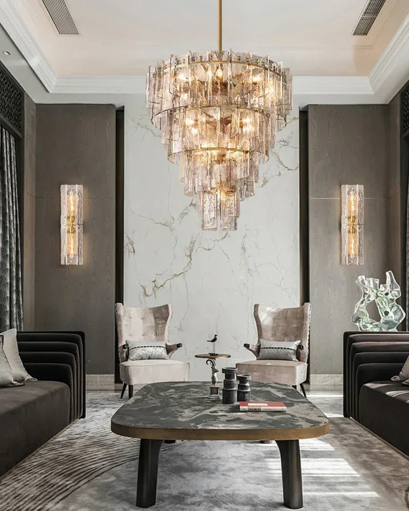 Gordes Series Architectural Chandelier | Four-Layer Glass Clear and smoky corrugated glass with aged brass and black framework, Aged Brass and Black finish for Entryways, dining areas, and lofts American Vintage chandelier lamp
