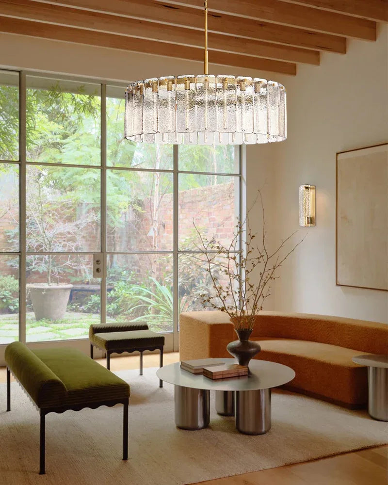 Winchester Series Geometric Chandelier | Round Handcrafted Rippled Cast Glass Panels, Lacquered Burnished Brass and Black for Modern Dining Rooms and Living Spaces American chandelier