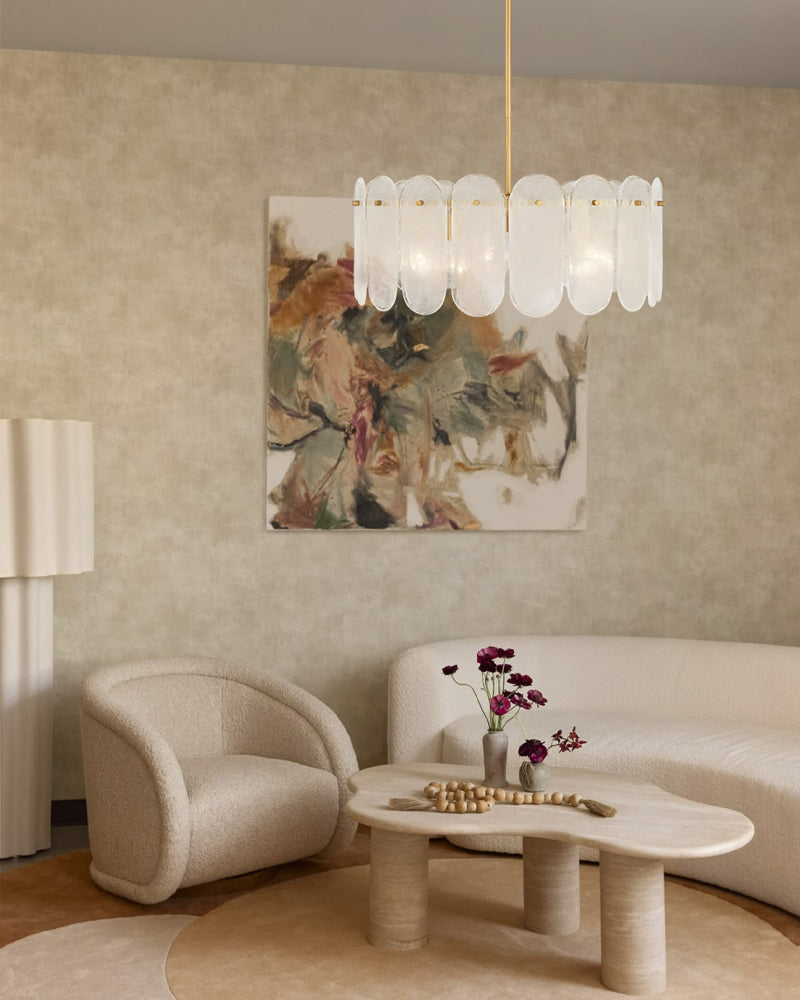 Etienne Glass Petal and Gold Trim Drum Pendant Light - Lux Gold Trim Downrod - Dining Rooms & Living Rooms
