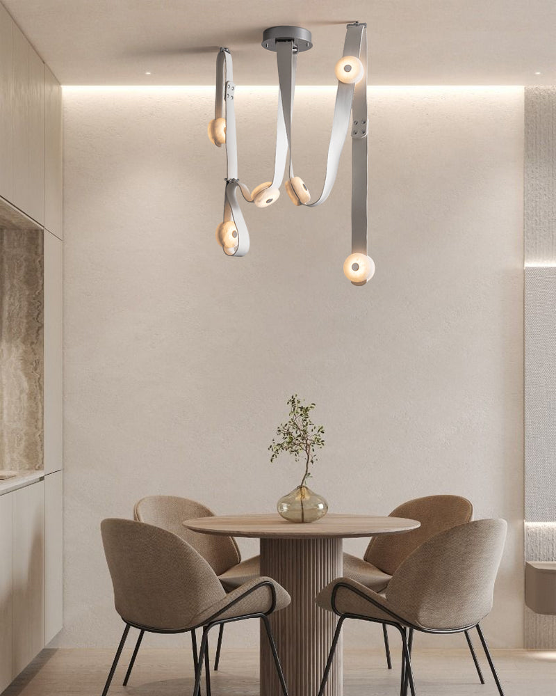 LED Mini SNAPS Module Ceiling Alabaster Pendant Light with Brown Leather Straps