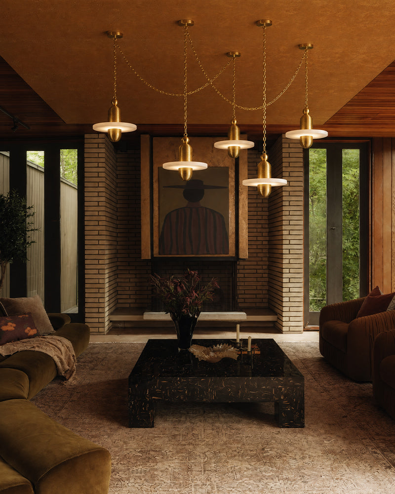 Alabaster Dual Tier Stacked Halo Disc Gold Cluster Pendant Light - Natural Spanish Alabaster, Lux Gold Trim - Living Rooms, Kitchen Islands & Dining Rooms