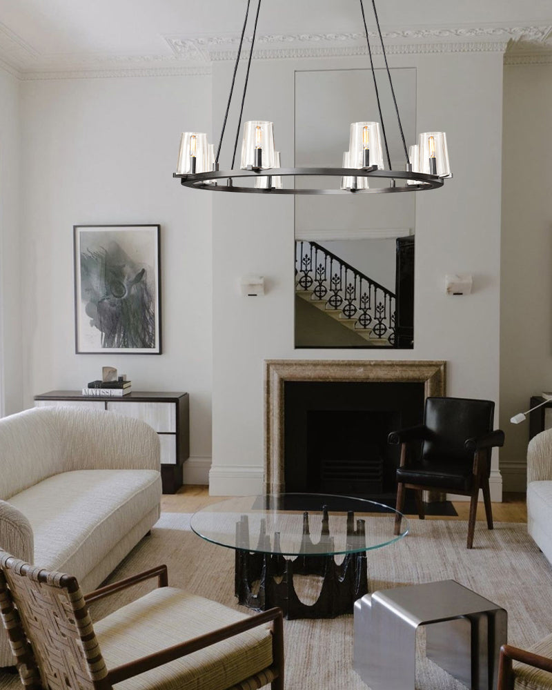 12-light Pauillac Brass/Black Linear Clear Glass Chandelier 49" 60" for dining room