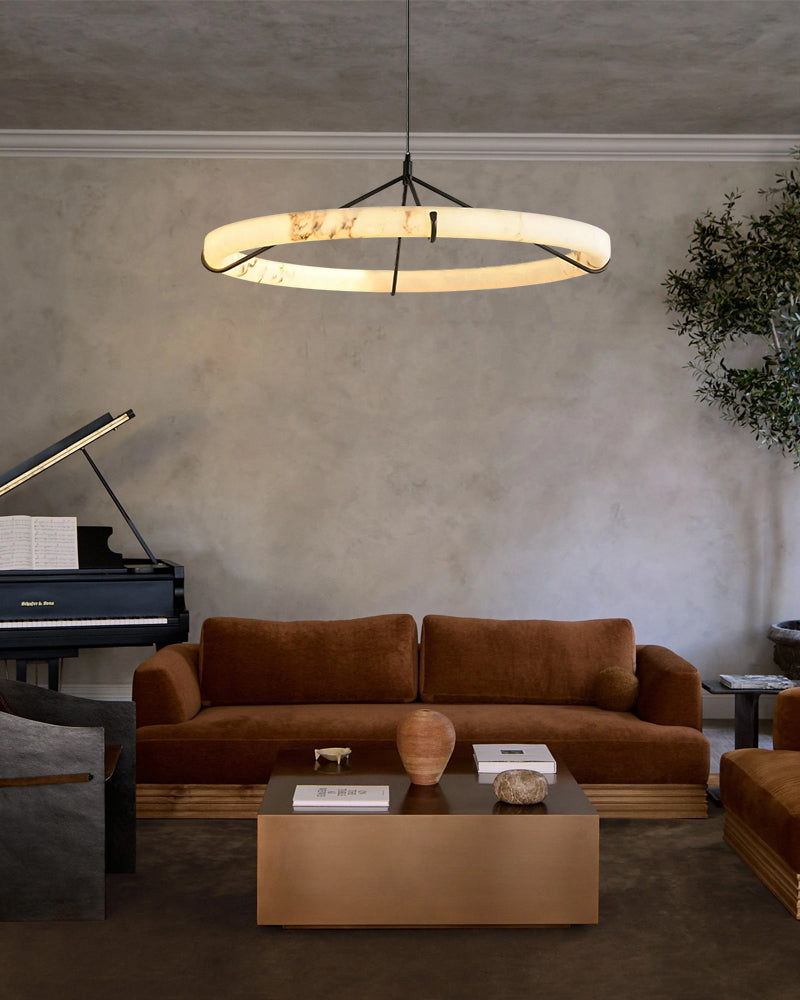 Alabaster Circular Halo Ring Cradled Arch Pendant Light - Natural Spanish Alabaster - Living Rooms & Dining Rooms