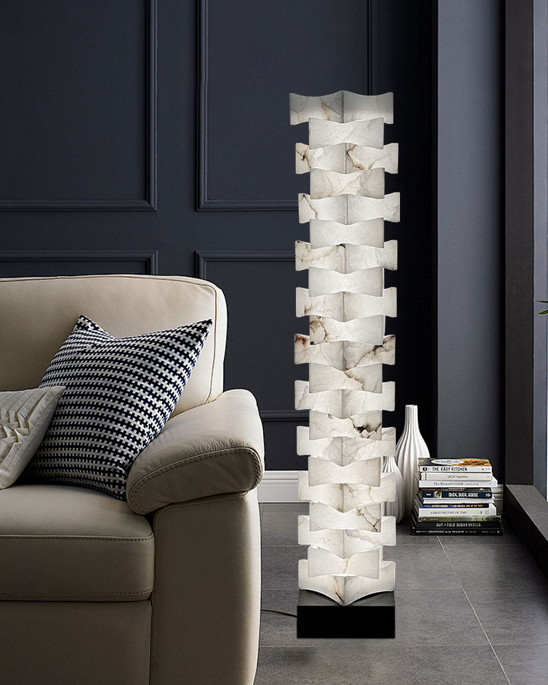 LED Stacked Laminated Square High Floor Lamp with Alabaster Marble shade