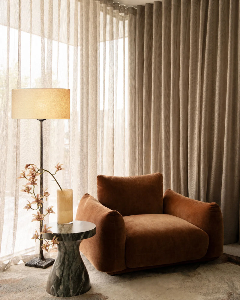 Hammered Brass Tapered Column Drum Floor Lamp - Lux Heritage Brass, Organic Linen Shade - Bedroom & Living Rooms