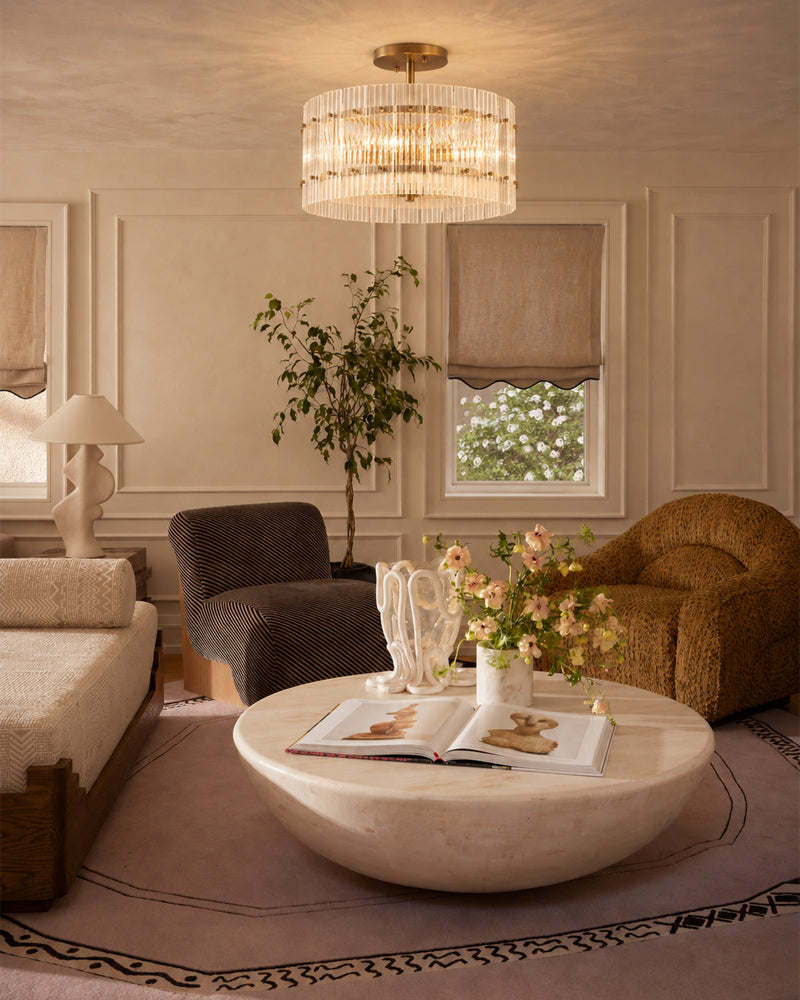 Solstice Aura Fluted Glass Drum Ceiling Light - Semi Flush Mount, Lux Gold Trim - Living Rooms, Dining Rooms & Hallways