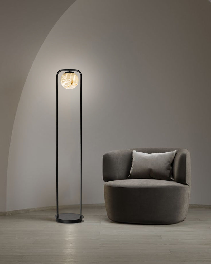 Modern Bedside Indoor Lighting Single Alabaster Globe LED Desk Table Lamp Black Iron Textured