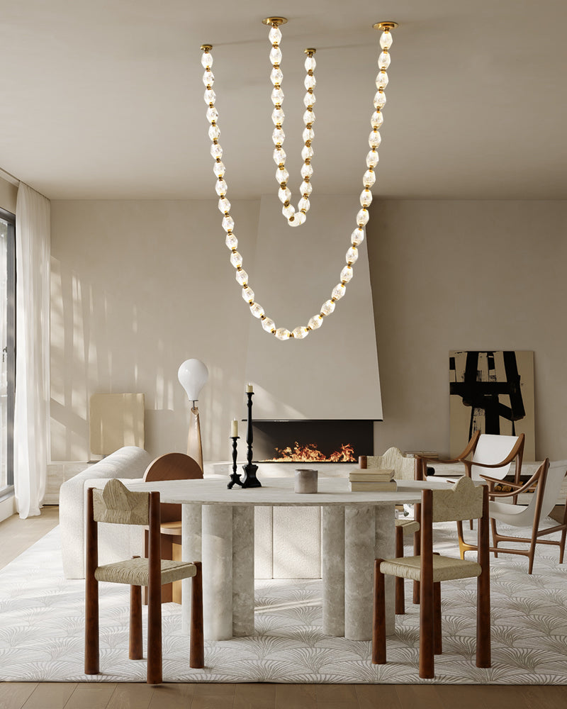 Clairval Glass Bead Rope Hanging Pendant Light - Clear Glass, Lux gold Trim - Lobby, Living Rooms & High Ceilings