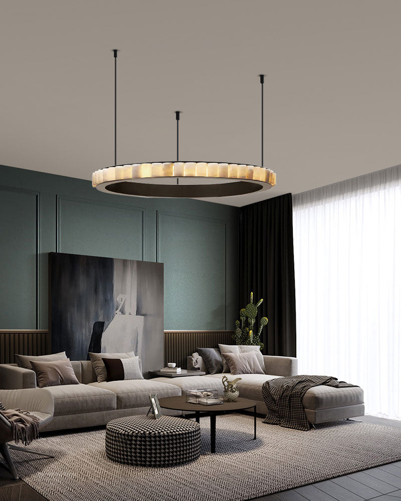 Single/Double/Triple ring pendant lamp in black steel with alabaster shadow for villa lobby living room