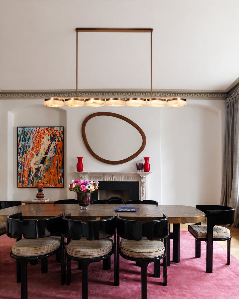 Alabaster Multi Disc Cluster Linear Pendant Light - Natural Spanish Alabaster, Lux Gold Trim - Kitchen Islands & Dining Rooms