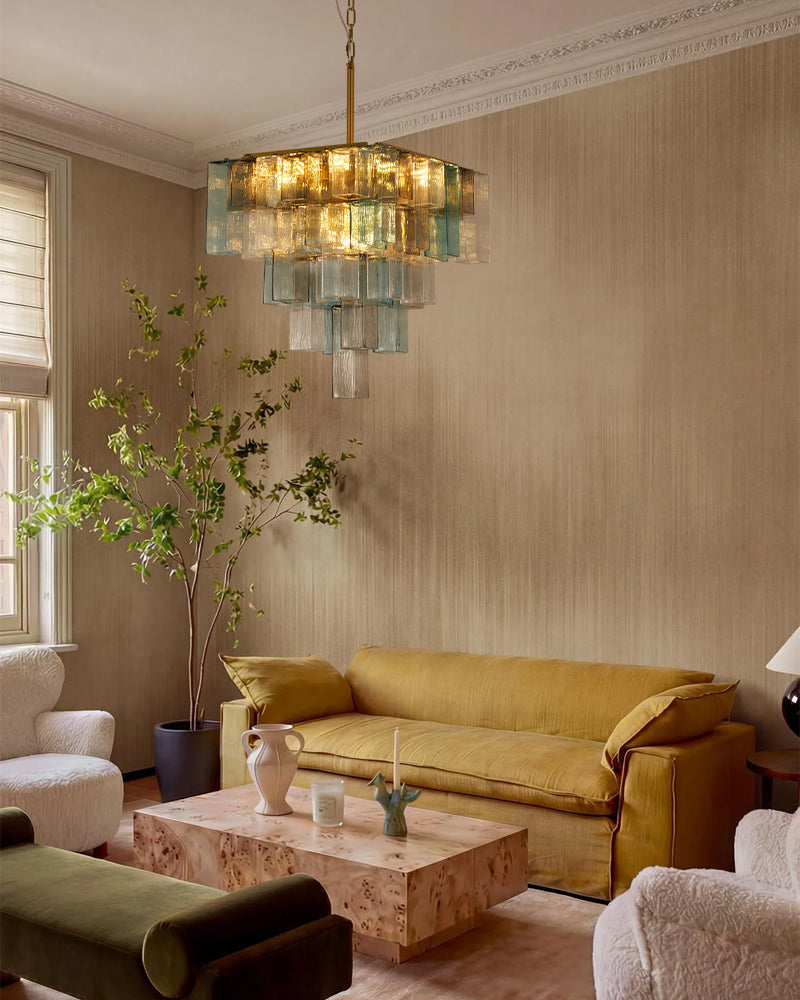 Marrakesh Cascading Waterfall Amber Prism Chandelier - Textured Glass, Lux Gold Trim - Living Rooms, Bedrooms, Dining Rooms