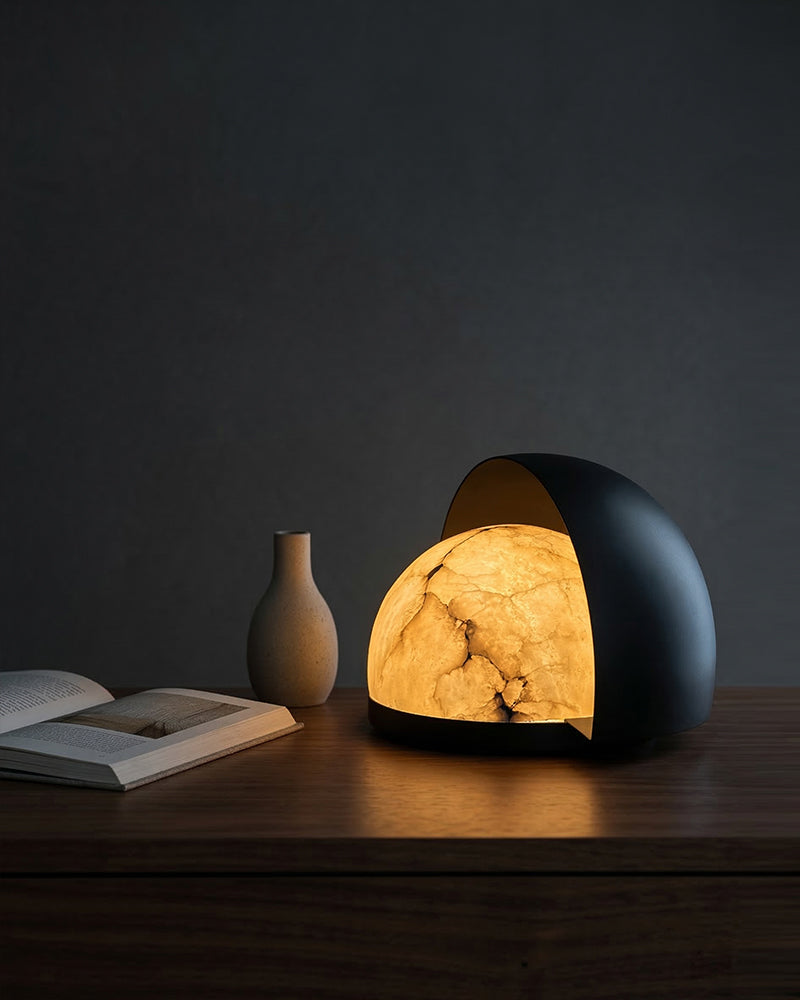 Eclipse Alabaster Sphere Table Lamp with Matte Black/Brass Shroud Modern Table lamp