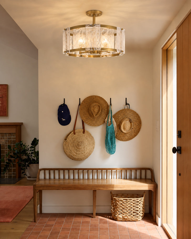 Solstice Ghiaccio Glass Drum Ceiling Light - Semi Flush Mount, Lux Gold Trim - Hallways, Foyers, Dining Rooms & Living Rooms