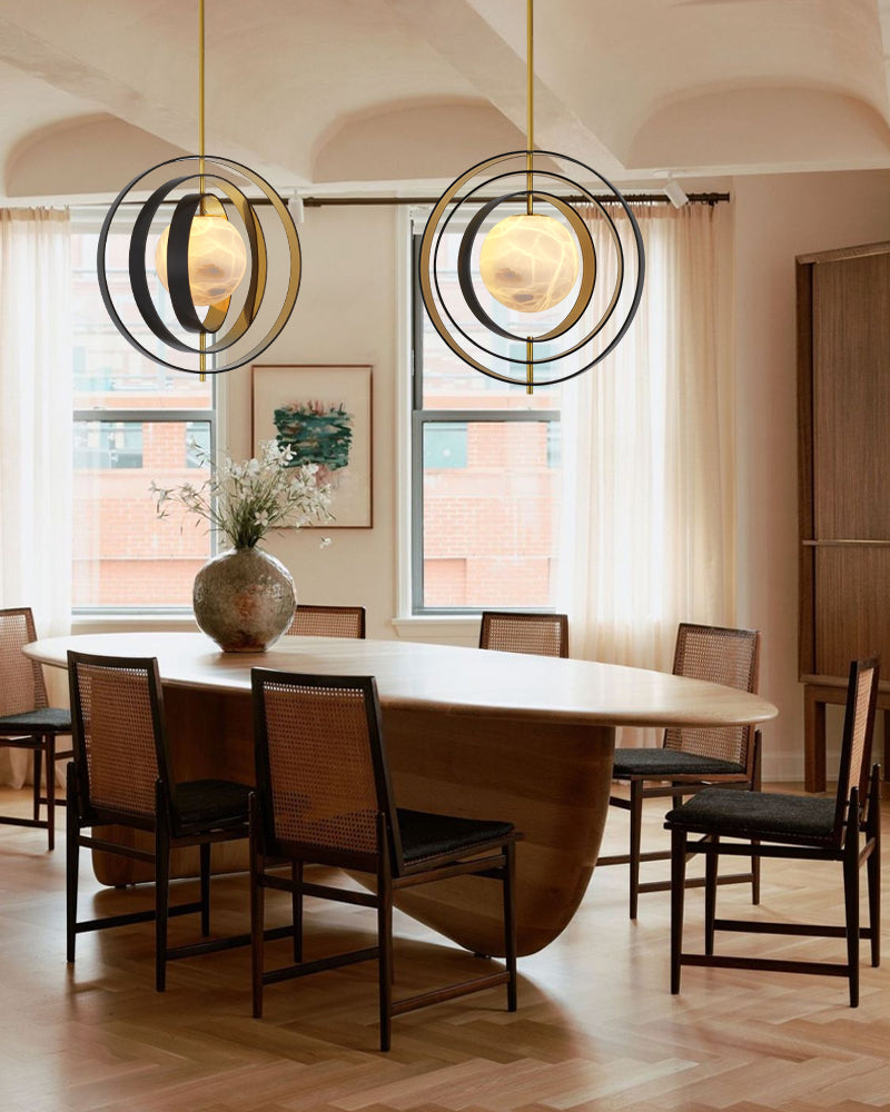White Alabaster Round Ceiling Pendant Lamp - Gold & Bronze Rotatable Ring