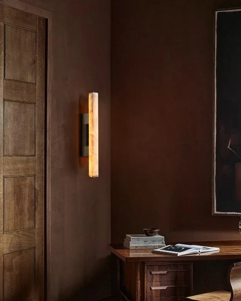 Valence Series Architectural Wall Sconce | Vertical Linear Sleek Brass and Raw Veined Alabaster, Burnished Brass and Black for Modern Living Rooms and Hallways Flush Mounted Wall Sconce Lamp