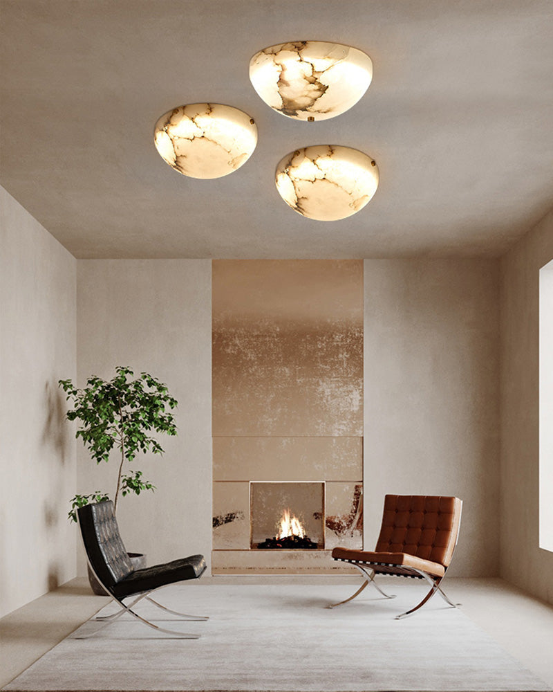 LED Alabaster Semi-Flush Ceiling Light with Round Bowl in brushed brass for living room, hallway