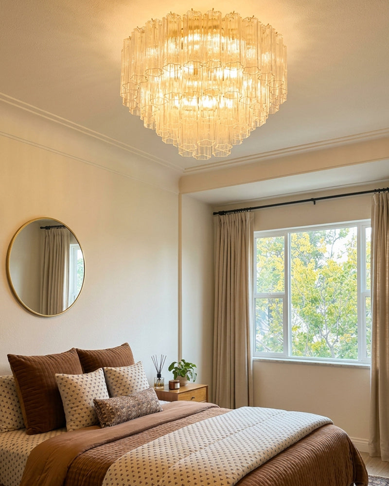 Murano Glass Multi Tiered Fluted Ceiling Light - Hand-Blown Wave, Flush Mount, Lux Gold Trim - Bedrooms, Hallways, Bathrooms & Living Rooms