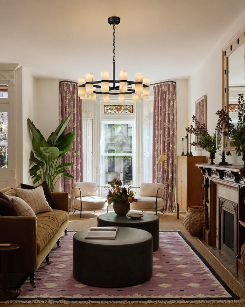 Alabaster Dual Candle Halo Ring Candelabra Chandelier- Natural Spanish Alabaster, Heritage Brass Trim - Living Rooms, Dining Rooms, Lobby, Stairwells