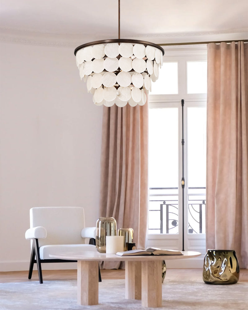 Alabaster Concentric Ring Disc Four Tier Ceiling Light - Semi Flush Mount, Heritage Brass Trim - Dining Rooms & Living Rooms