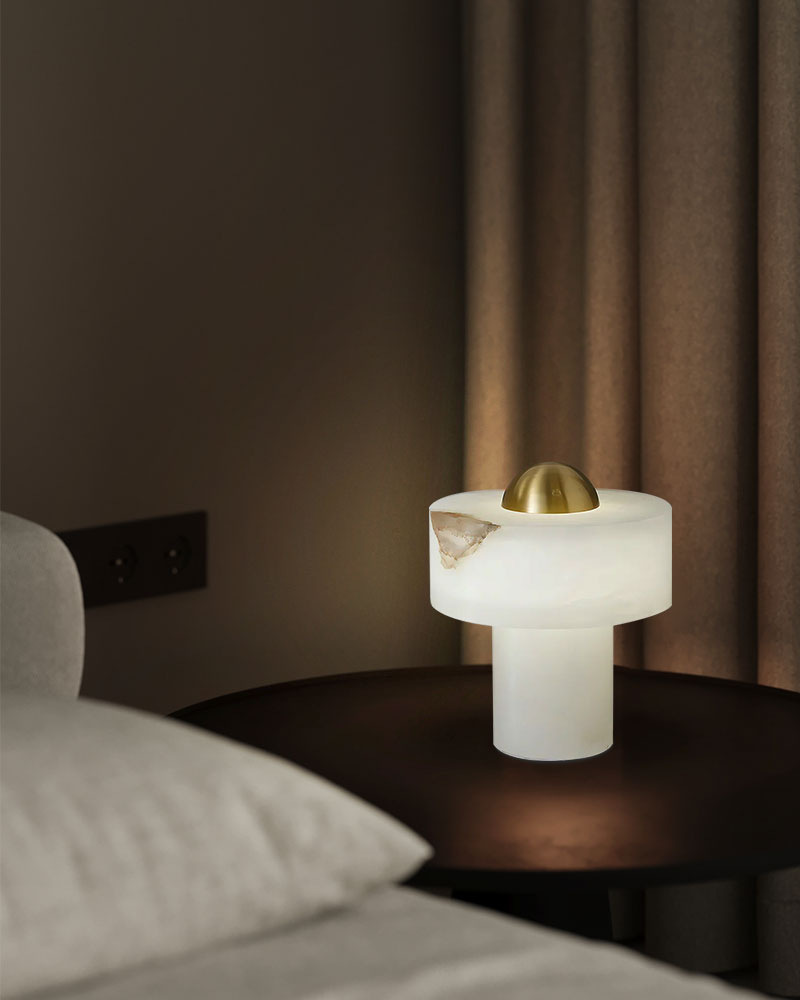 Modern White and Brass Stone Alabaster LED Cosy Table Lamp for bedroom, living room, reading