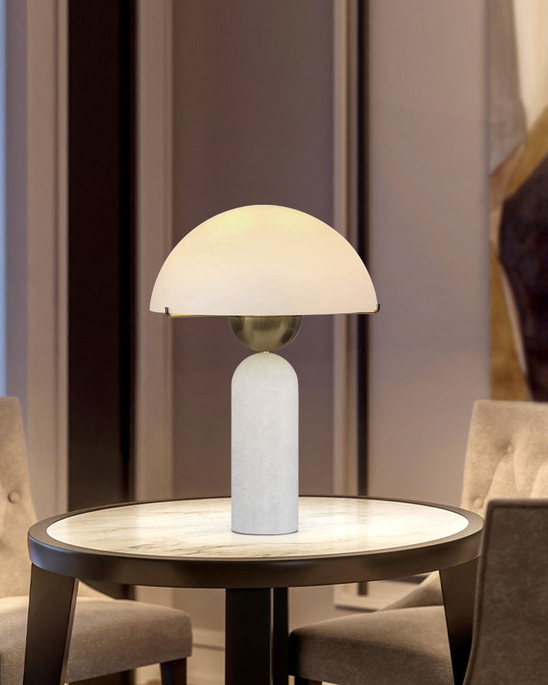 Sleek G9 Alabaster marble lamp on stylish round table, illuminating modern interior