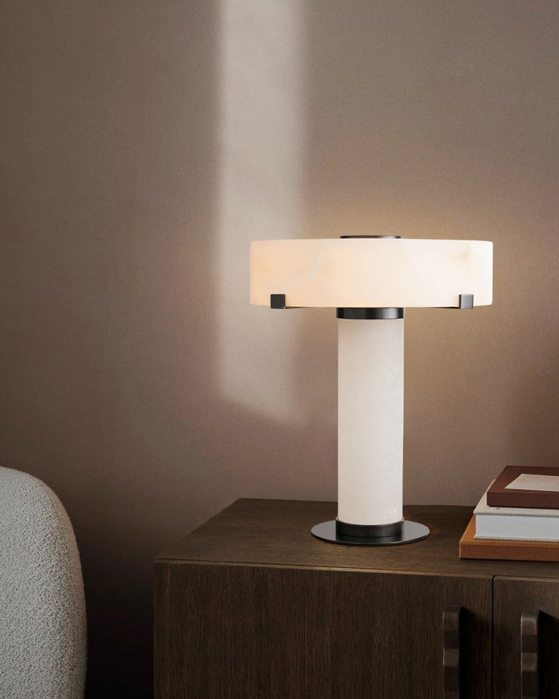 Chayla Alabaster Column Table Lamp – Hand-Carved Stone with Polished Brass/Black Accents Modern Table lamp