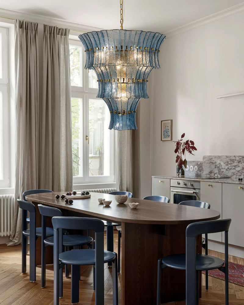 Ghiaccio Glass Atlantic Blue Prism Multi Tiered Waterfall Chandelier - Heritage Brass Trim - Living Room & Dining Room