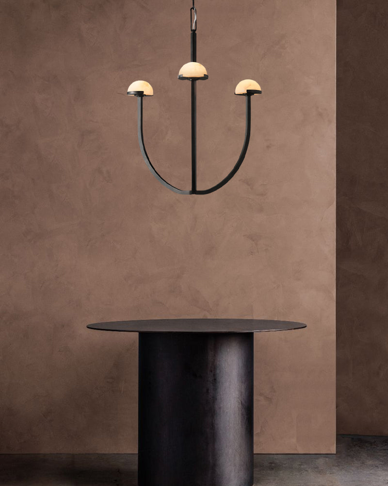 Pedra Two-Tier Chandelier in Antique Burnished Brass/Black Metal with Alabaster Shade American chandelier