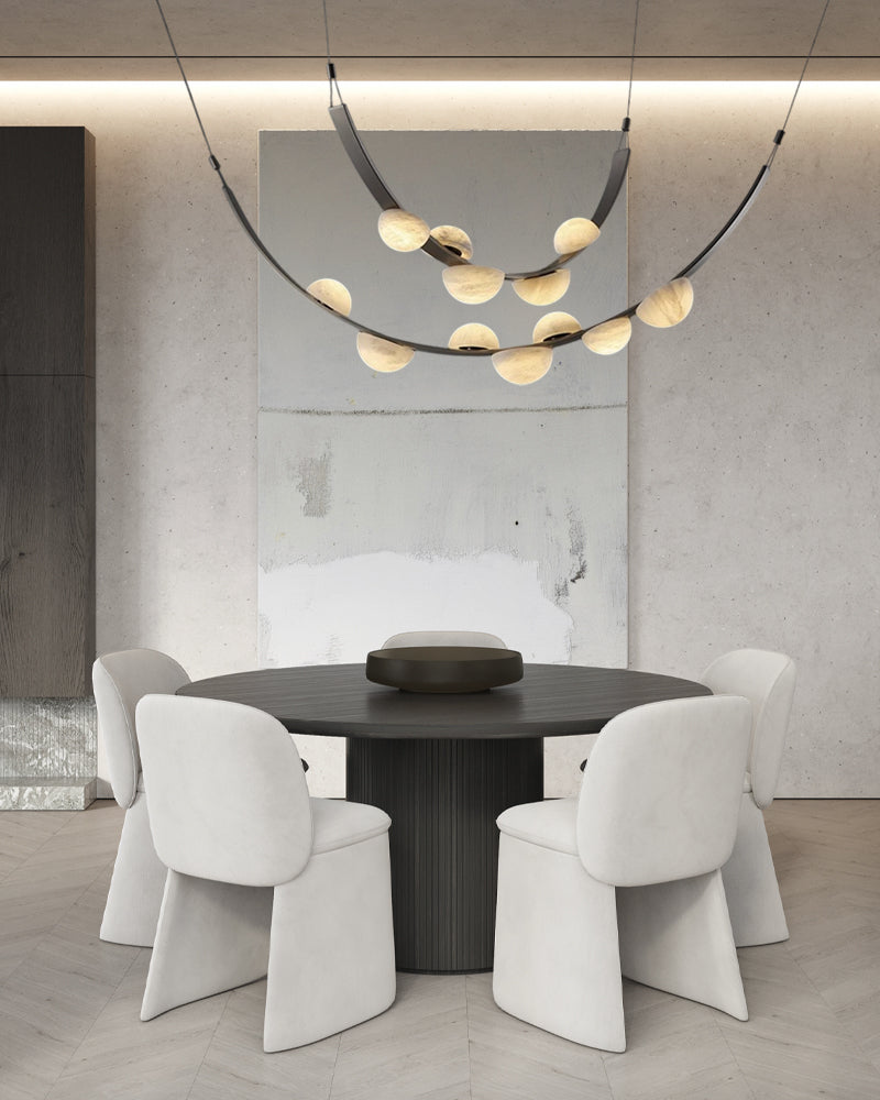 Leather pendant lamps with semicircular marble diffusers on a U-shaped strip metal base