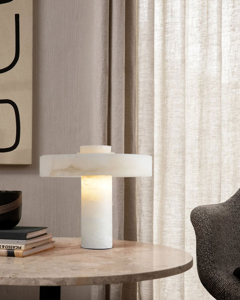 E27 round alabaster marble table lamp illuminating a marble side table