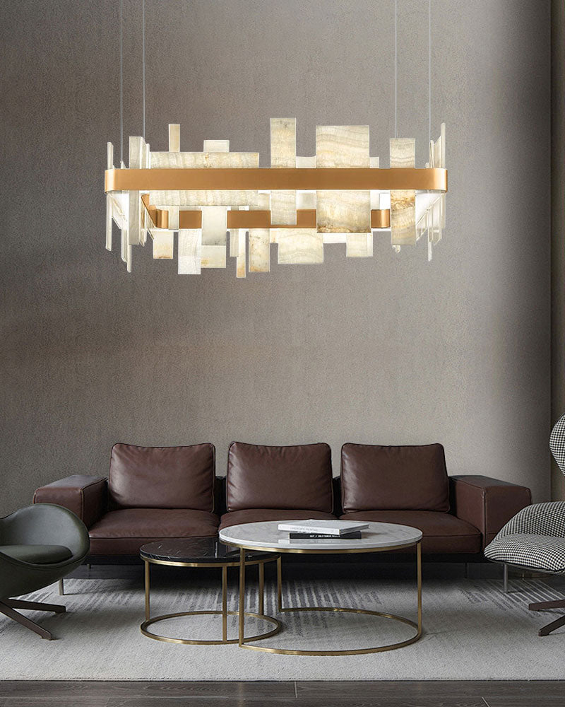 Luxury Marble Slice & Metal Frame Semi Flush Mount Chandelier, 3 Style, Copper/Stainless Steel