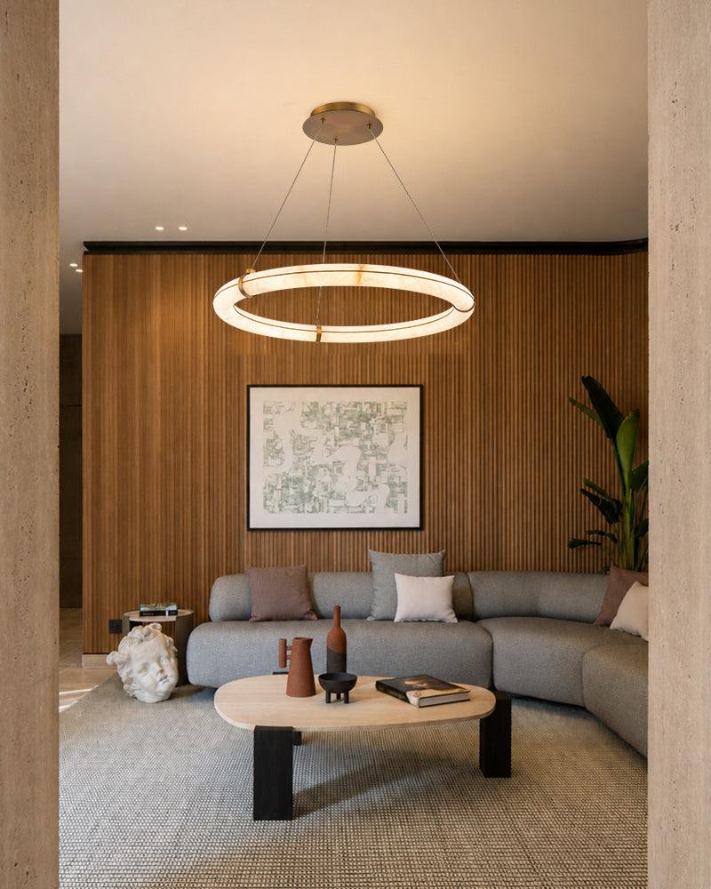 Cora Alabaster Circular Halo Ring Chandelier - Natural Spanish Alabaster, Lux Gold Trim - Dining Rooms & Kitchens