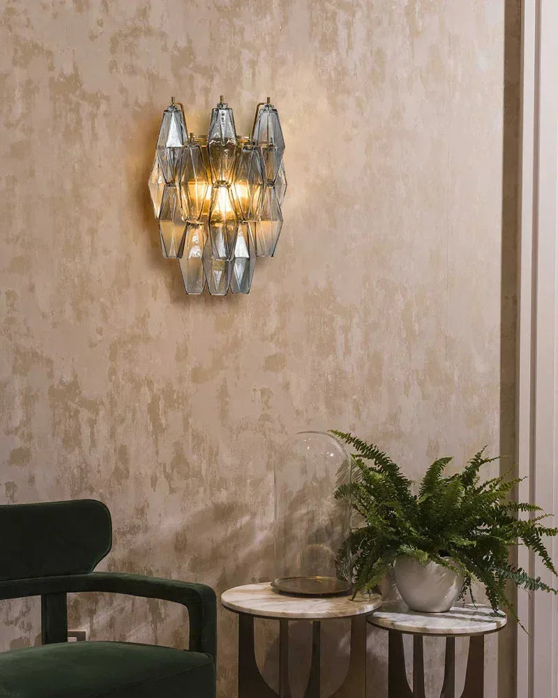 LightsStory Series Cascading Wall Sconce | Tiered Handblown Glass Handblown glass polyhedrons on a tiered steel frame, Multicolor Blown Glass Options for Eclectic living spaces and modern entryways American Vintage chandelier lamp