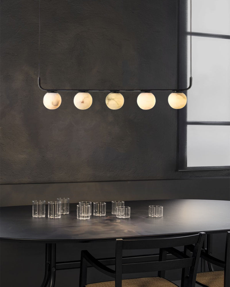 Alabaster Orb 3 Ring Chandelier in Black/Brass Framework | Modern Living Room