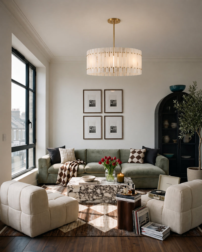 Burton Alabaster Gold Studded Panel Drum Pendant Light - Natural Spanish Alabaster Panels, Lux Gold Trim - Living Rooms & Dining Rooms