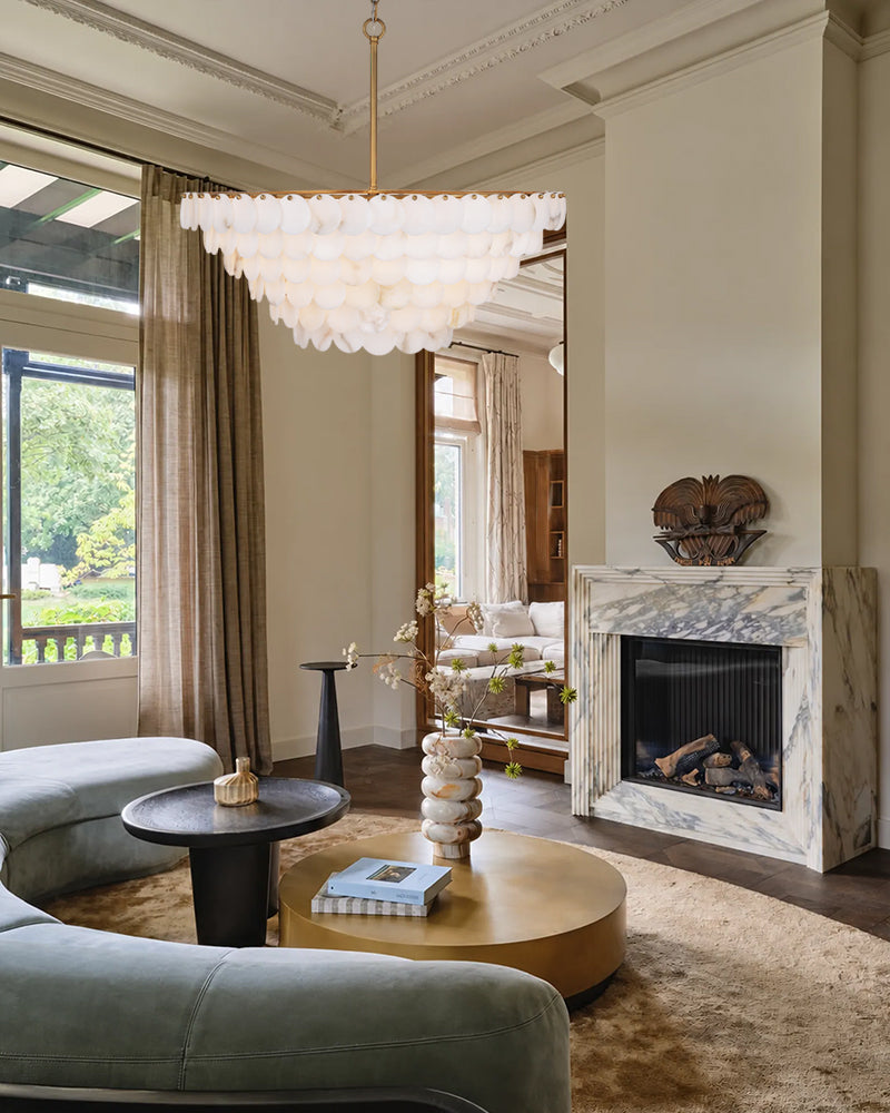 Cascada Alabaster Disc Multi Tiered Chandelier - Natural Spanish Alabaster, Lux Gold Trim - Dining Rooms and Living Rooms