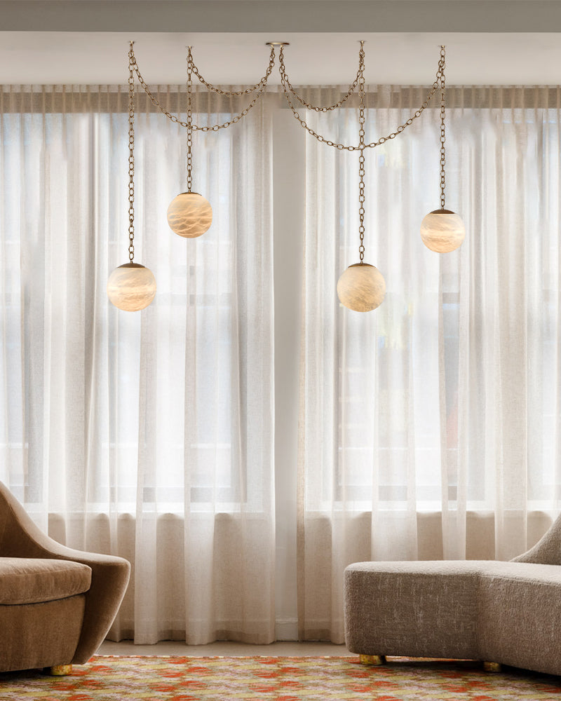 Modern Moon Alabaster Globe Swag Chandelier Wide 6" 8" 10" | Brass/Black Chain