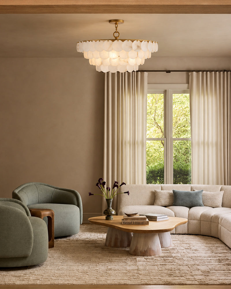 Cascada Alabaster Disc Multi Tiered Ceiling Light - Natural Spanish Alabaster, Semi Flush Mount, Lux Gold Trim - Living Rooms, Bedrooms & Dining Rooms