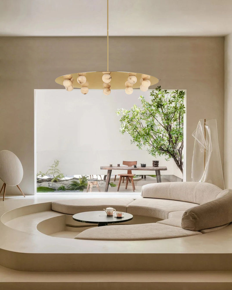 Alabaster Sphere Globes Gold Disc Canopy Pendant Light - Natural Spanish Alabaster Orbs, Lux Gold Trim - Kitchens, Dining & Living Rooms