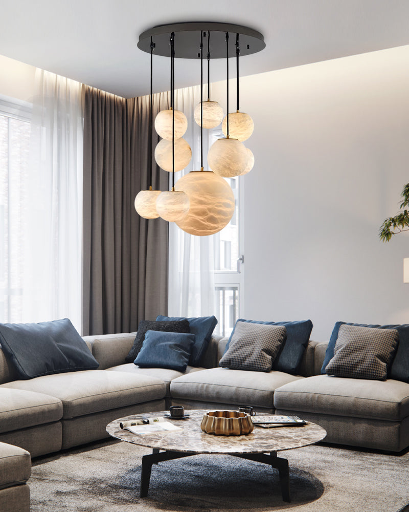 Sculpted Cluster Alabaster Pendant Lamp Collection,9-light, White & Golden Cord 150cm